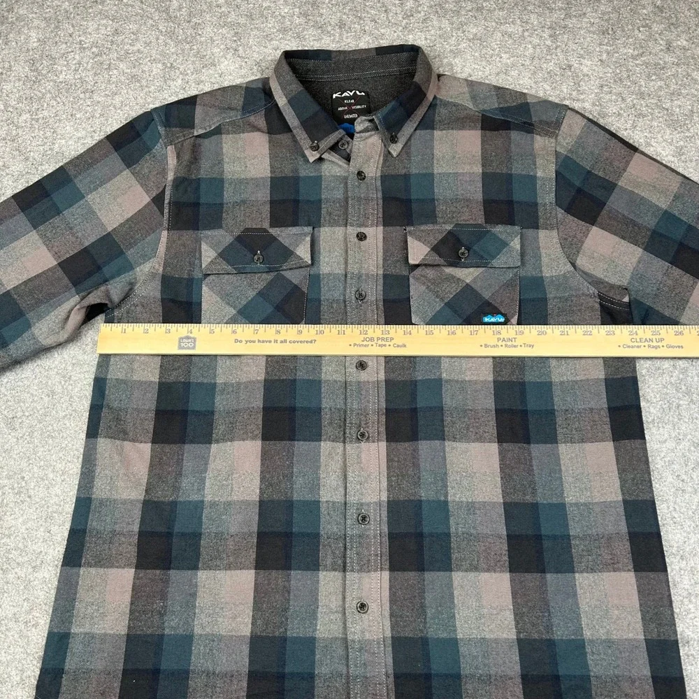 KAVU Buffaroni Mens XXL Plaid Flannel Shirt Grey Blue Long Sleeve Button Down